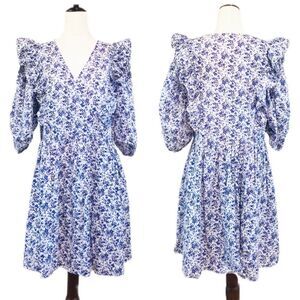H&M Purple‎ White Floral Print Cotton Dress V-Neck Ruffle A-Line Size Medium